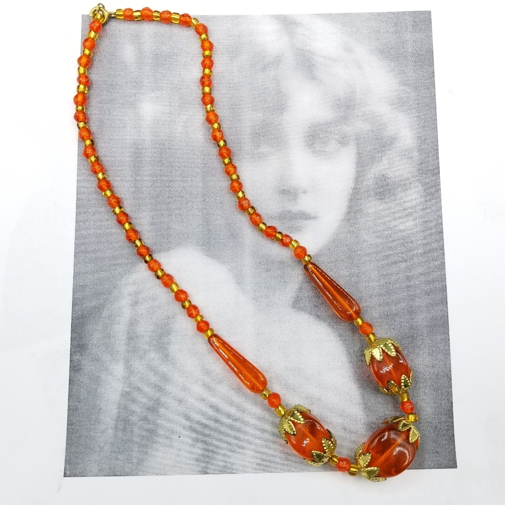 Vintage Orange Czech glass deco beaded necklace